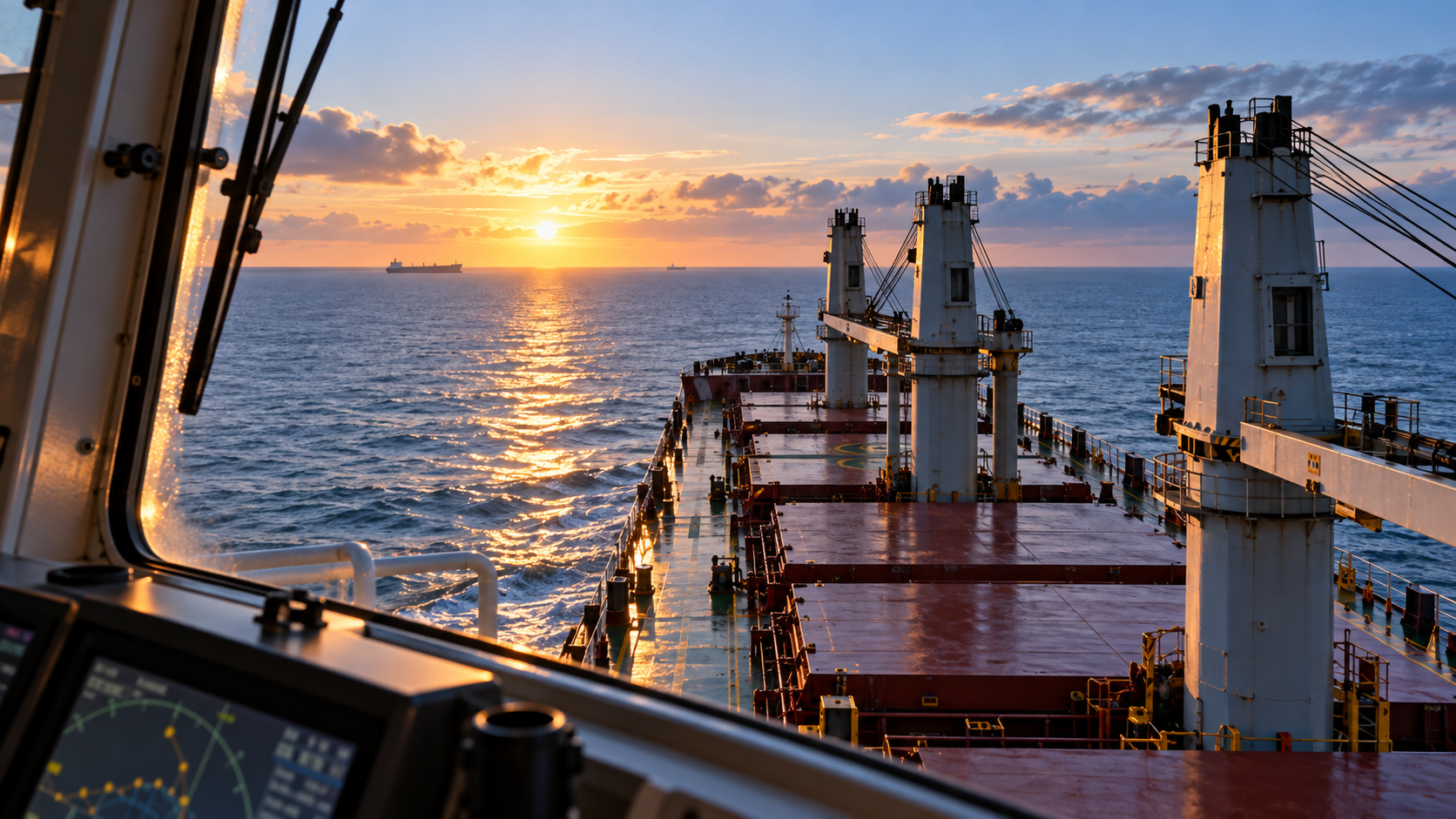 View from the bridge of a bulk carrier at sunrise, overlooking the forward deck, cargo cranes and open sea with ships on the horizon.